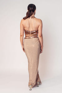 THE CHER HALTER BEADED TOP WITH A DRAPED CRYSTAL SKIRT