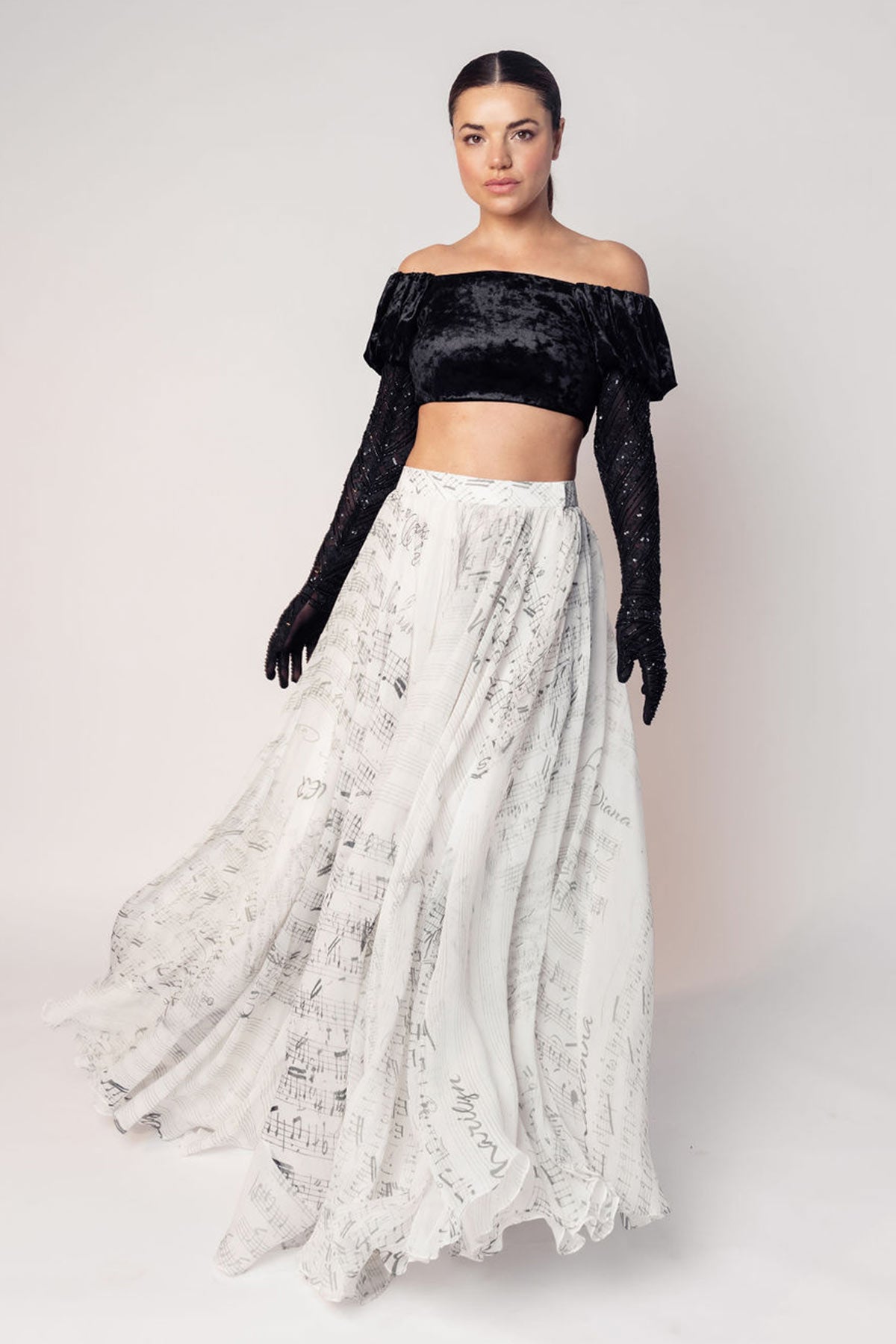 THE GRACE OFF SHOULDER CROP WITH ATTACHED GLOVES AND A PRINTED FLARED SKIRT