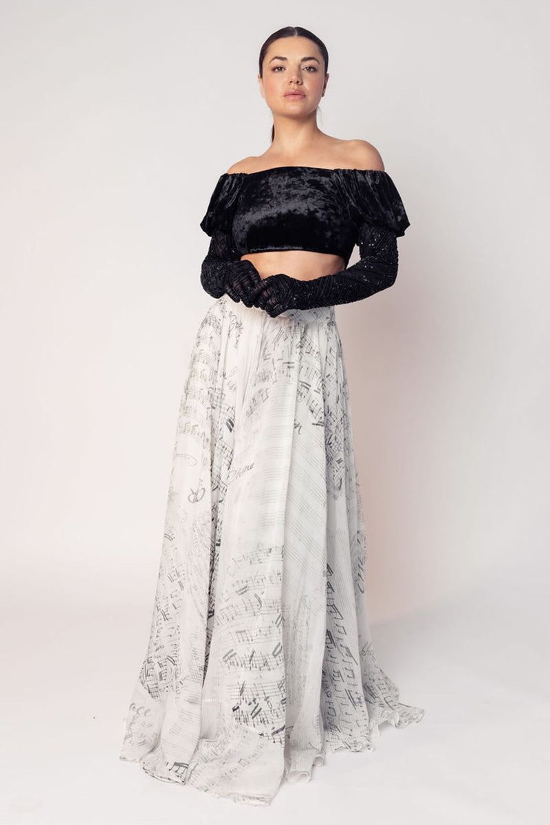 THE GRACE OFF SHOULDER CROP WITH ATTACHED GLOVES AND A PRINTED FLARED SKIRT