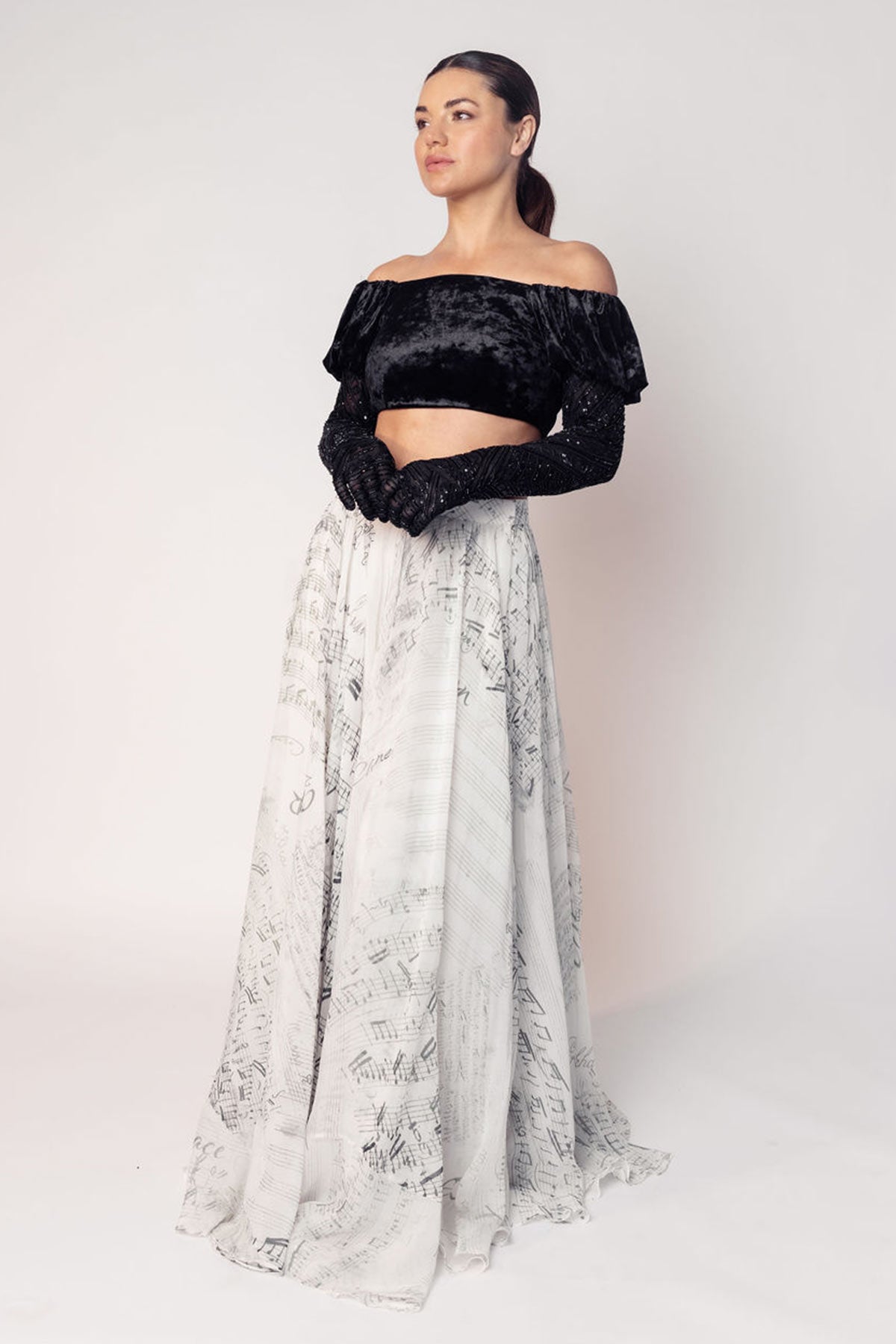 THE GRACE OFF SHOULDER CROP WITH ATTACHED GLOVES AND A PRINTED FLARED SKIRT