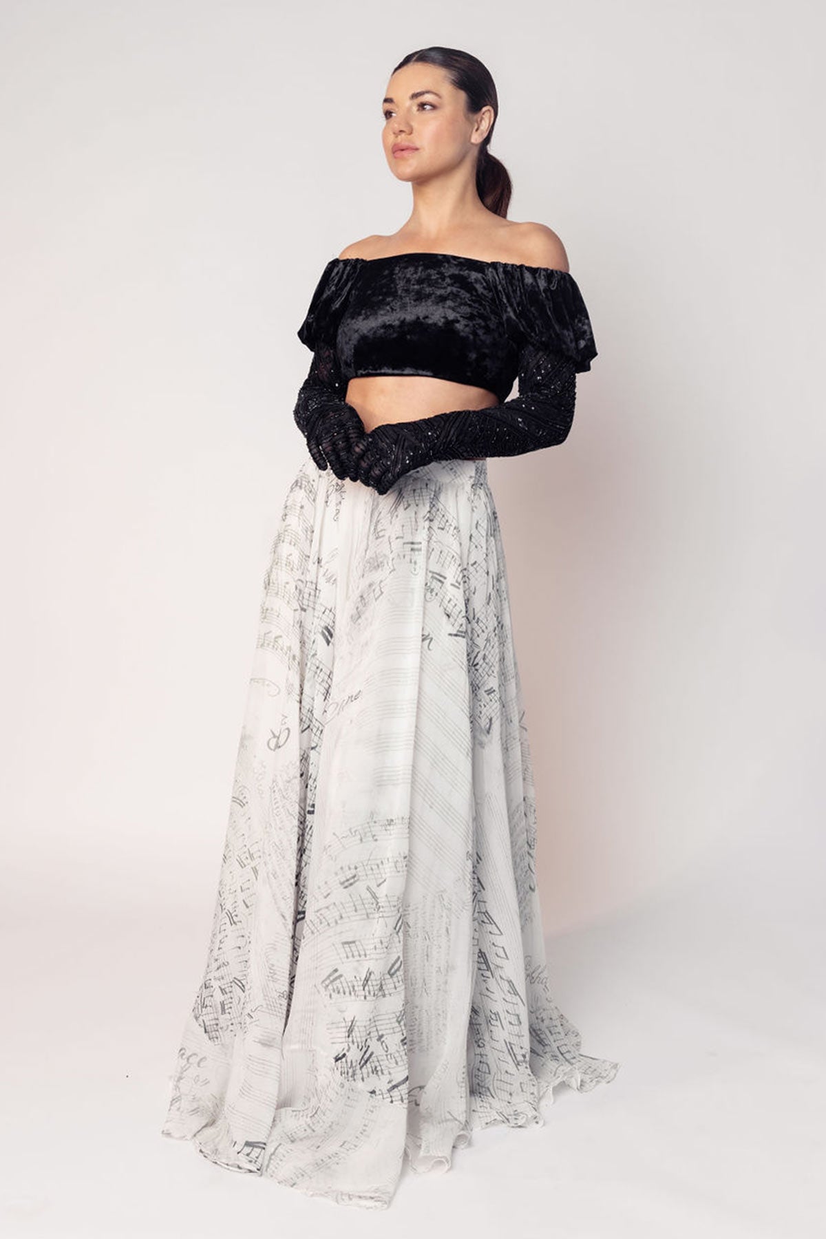 THE GRACE OFF SHOULDER CROP WITH ATTACHED GLOVES AND A PRINTED FLARED SKIRT-RTS
