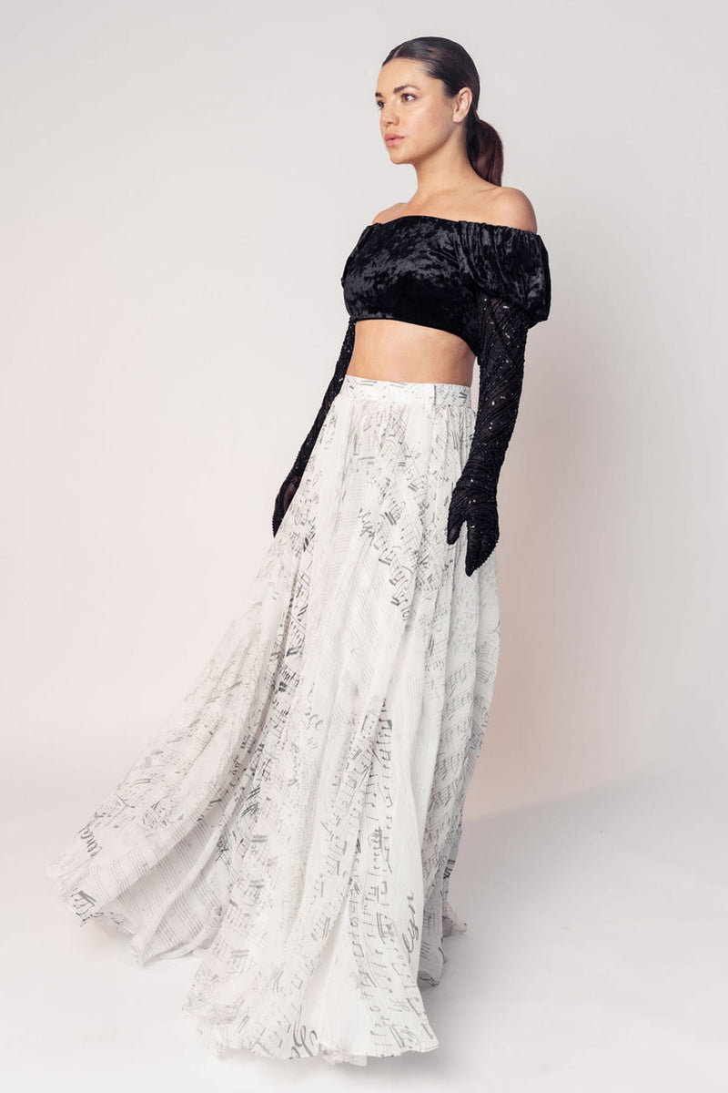 THE GRACE OFF SHOULDER CROP WITH ATTACHED GLOVES AND A PRINTED FLARED SKIRT