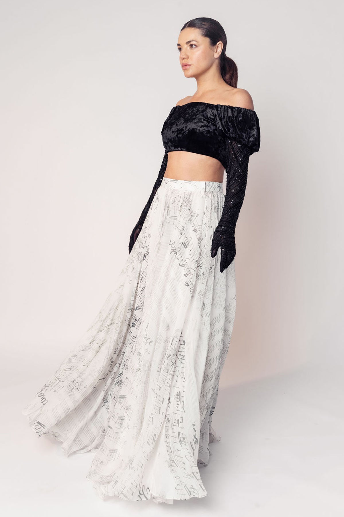 THE GRACE OFF SHOULDER CROP WITH ATTACHED GLOVES AND A PRINTED FLARED SKIRT-RTS