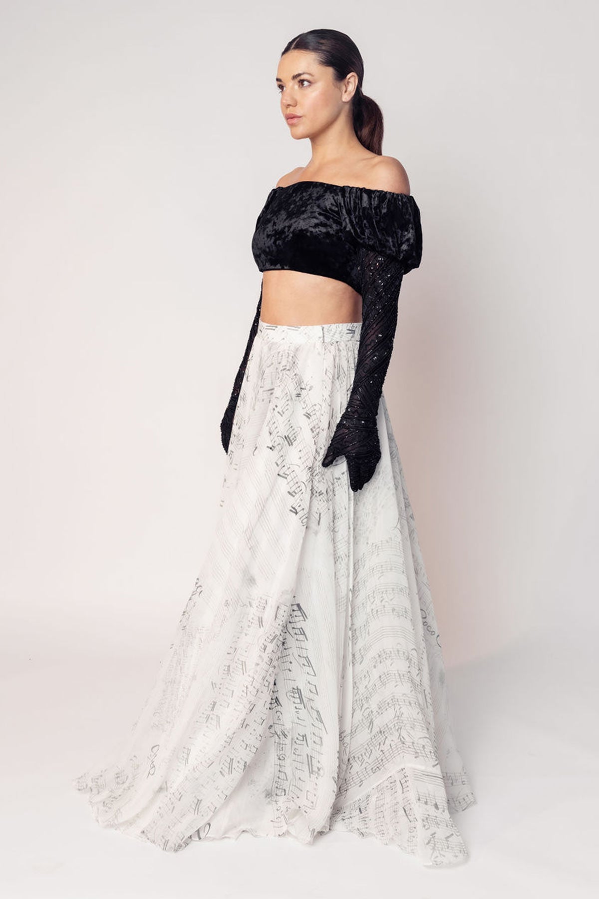 THE GRACE OFF SHOULDER CROP WITH ATTACHED GLOVES AND A PRINTED FLARED SKIRT-RTS