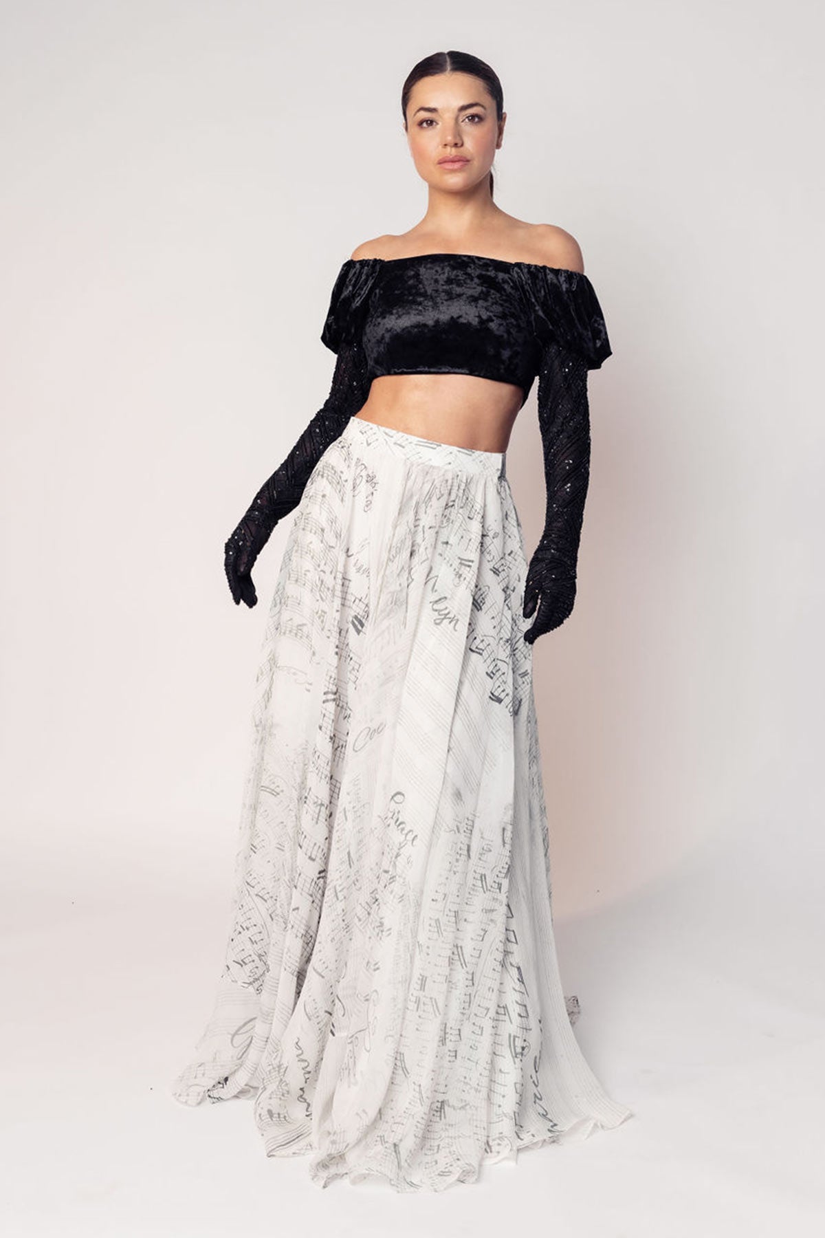 THE GRACE OFF SHOULDER CROP WITH ATTACHED GLOVES AND A PRINTED FLARED SKIRT-RTS