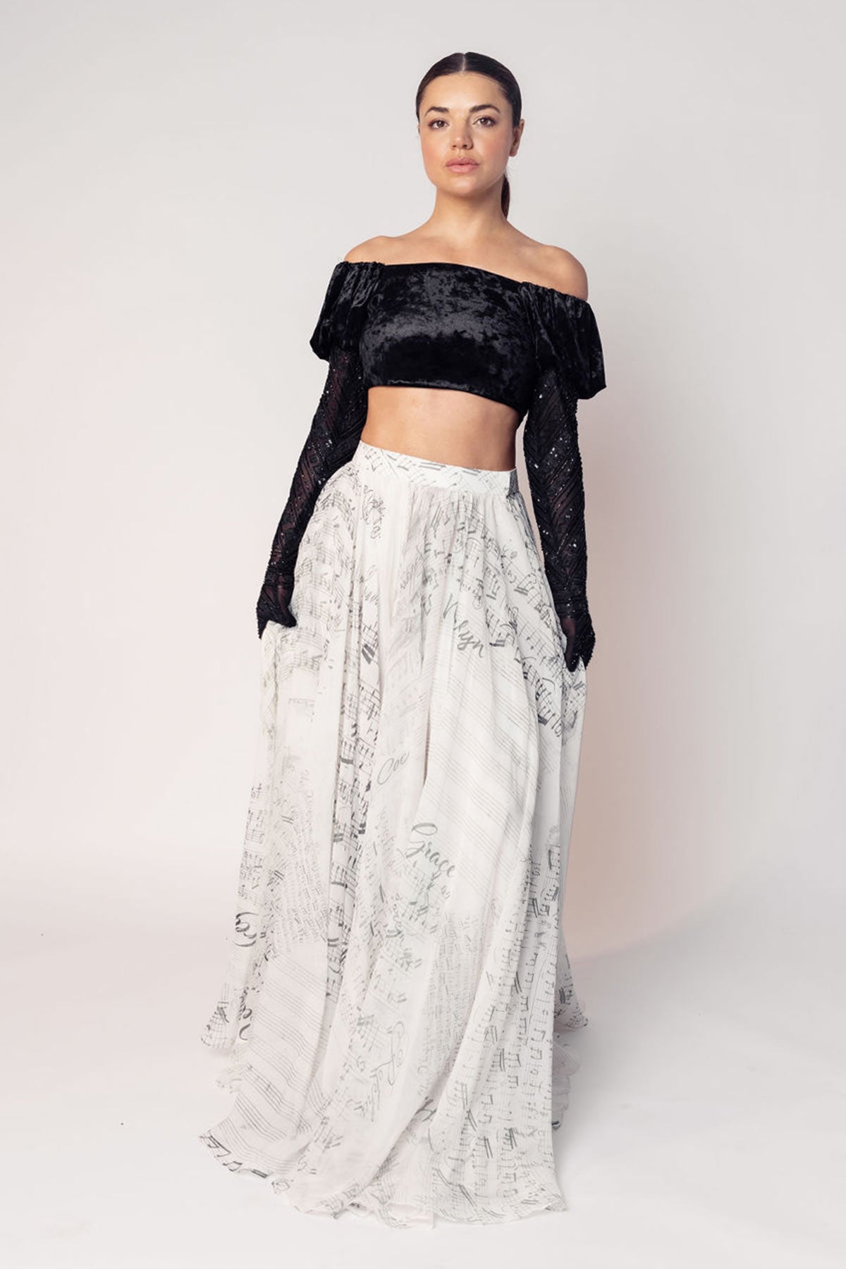 THE GRACE OFF SHOULDER CROP WITH ATTACHED GLOVES AND A PRINTED FLARED SKIRT