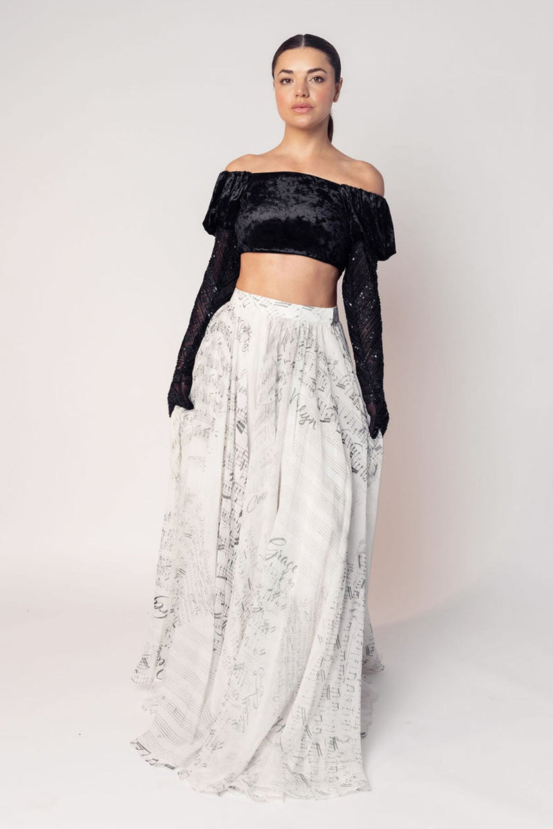 THE GRACE OFF SHOULDER CROP WITH ATTACHED GLOVES AND A PRINTED FLARED SKIRT-RTS