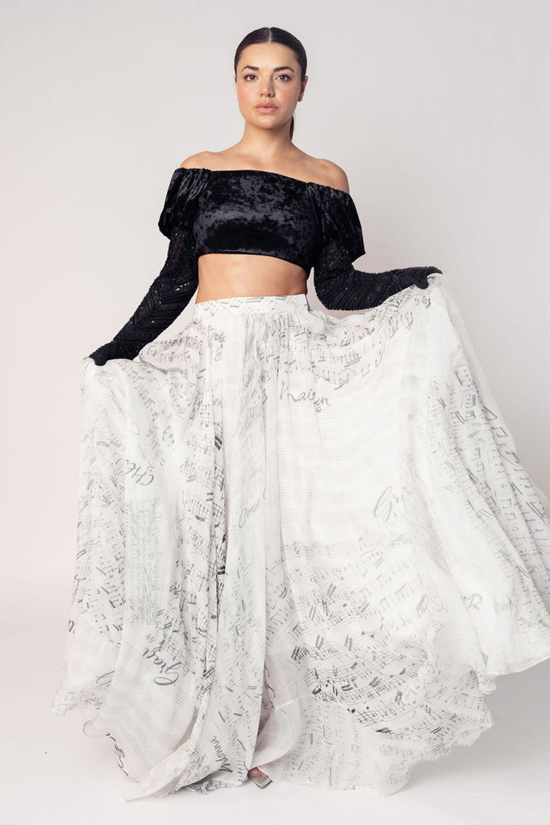 THE GRACE OFF SHOULDER CROP WITH ATTACHED GLOVES AND A PRINTED FLARED SKIRT