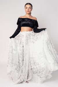 THE GRACE OFF SHOULDER CROP WITH ATTACHED GLOVES AND A PRINTED FLARED SKIRT-RTS