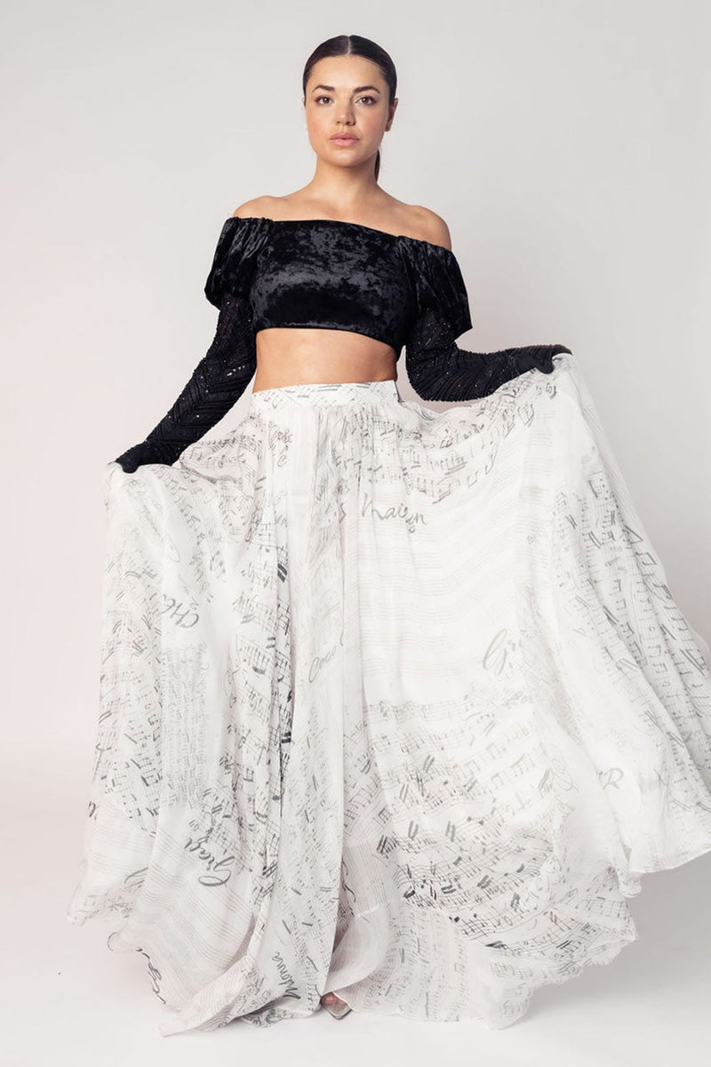 THE GRACE OFF SHOULDER CROP WITH ATTACHED GLOVES AND A PRINTED FLARED SKIRT-RTS