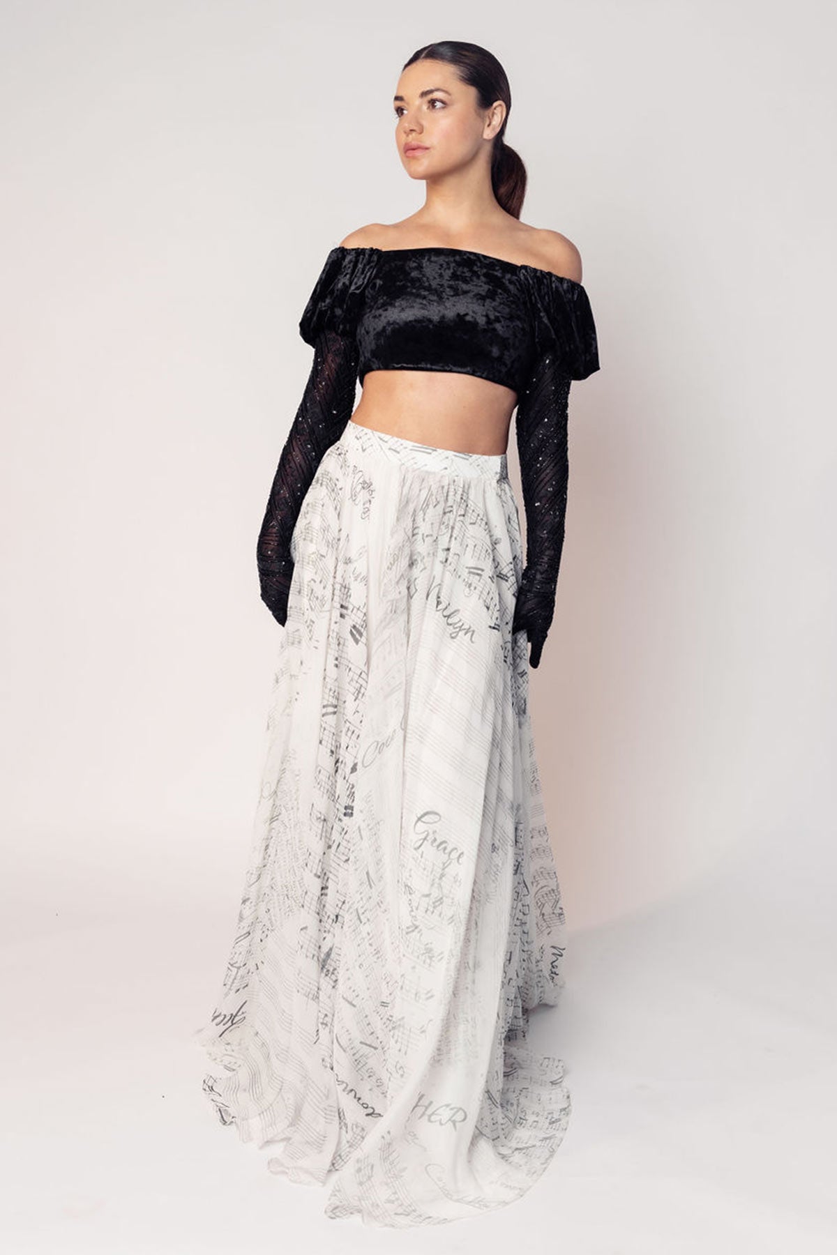 THE GRACE OFF SHOULDER CROP WITH ATTACHED GLOVES AND A PRINTED FLARED SKIRT