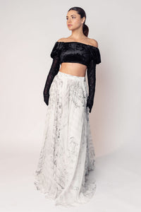 THE GRACE OFF SHOULDER CROP WITH ATTACHED GLOVES AND A PRINTED FLARED SKIRT-RTS