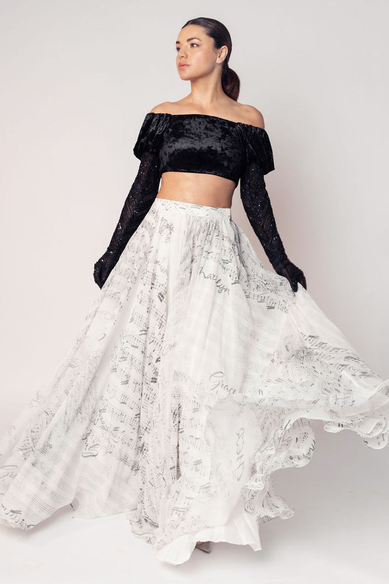 THE GRACE OFF SHOULDER CROP WITH ATTACHED GLOVES AND A PRINTED FLARED SKIRT