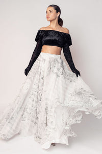 THE GRACE OFF SHOULDER CROP WITH ATTACHED GLOVES AND A PRINTED FLARED SKIRT-RTS
