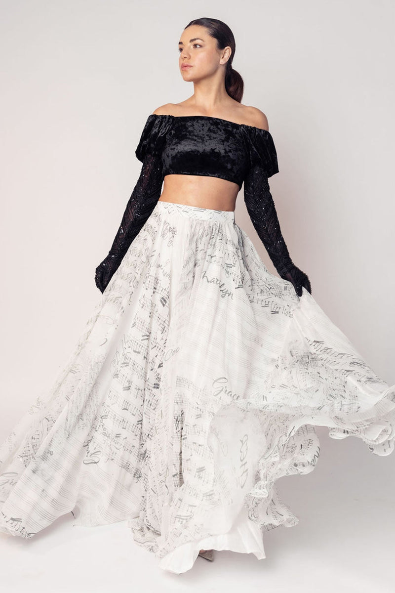 THE GRACE OFF SHOULDER CROP WITH ATTACHED GLOVES AND A PRINTED FLARED SKIRT-RTS