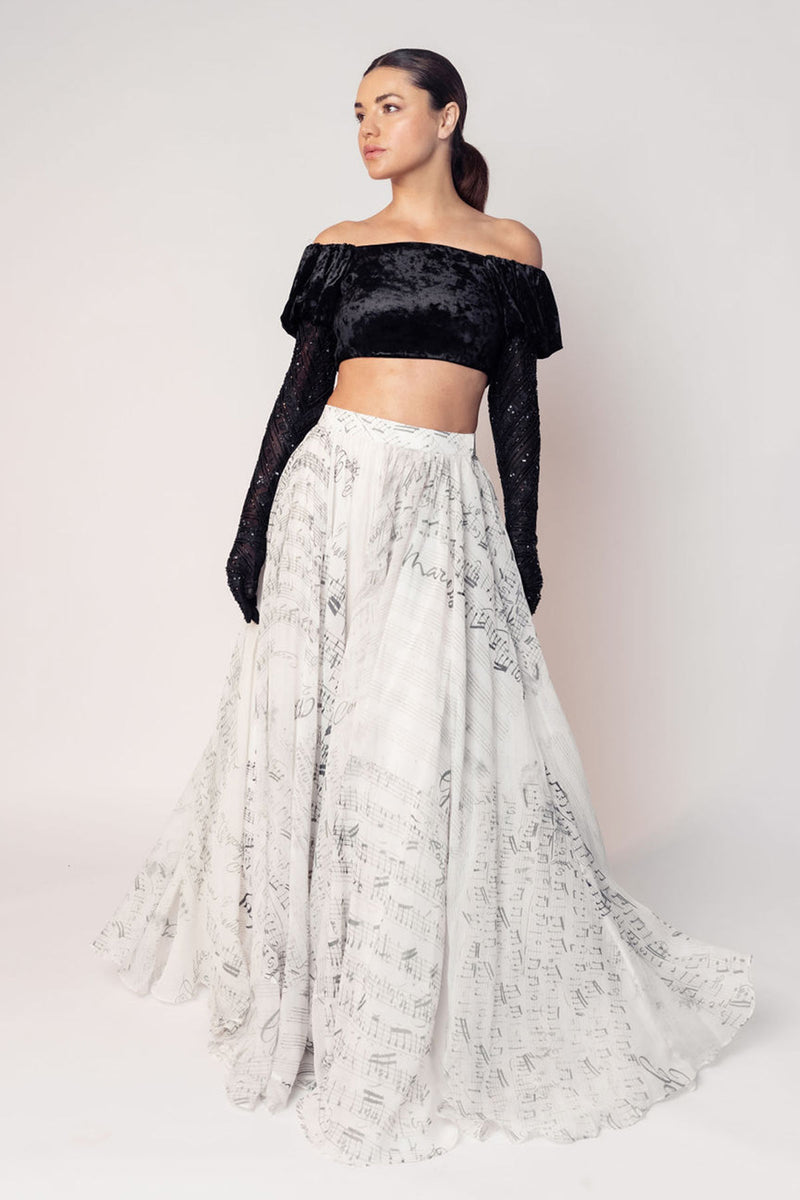 THE GRACE OFF SHOULDER CROP WITH ATTACHED GLOVES AND A PRINTED FLARED SKIRT