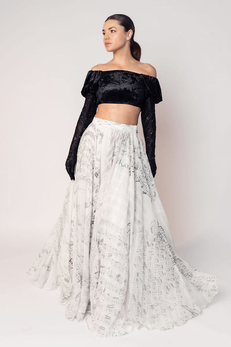 THE GRACE OFF SHOULDER CROP WITH ATTACHED GLOVES AND A PRINTED FLARED SKIRT-RTS
