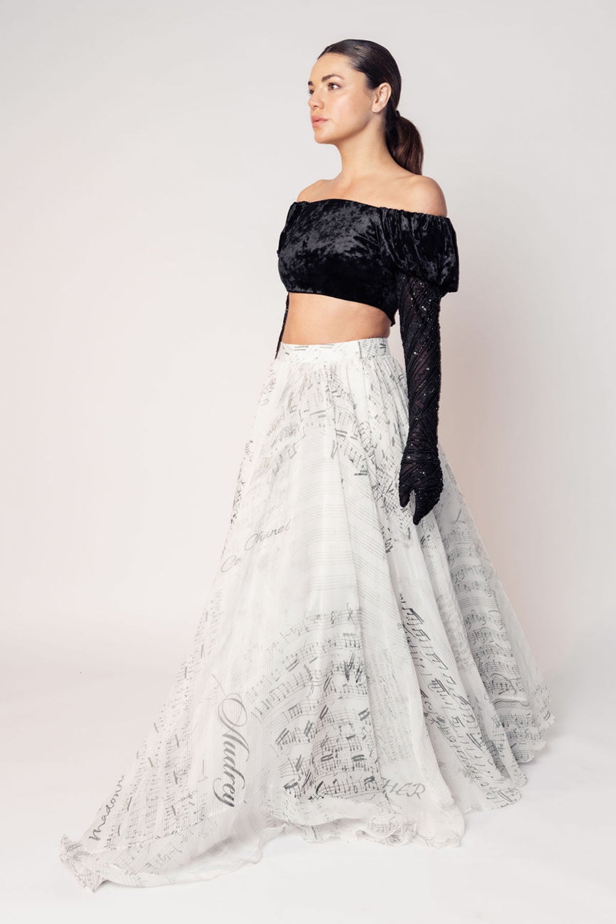 THE GRACE OFF SHOULDER CROP WITH ATTACHED GLOVES AND A PRINTED FLARED SKIRT