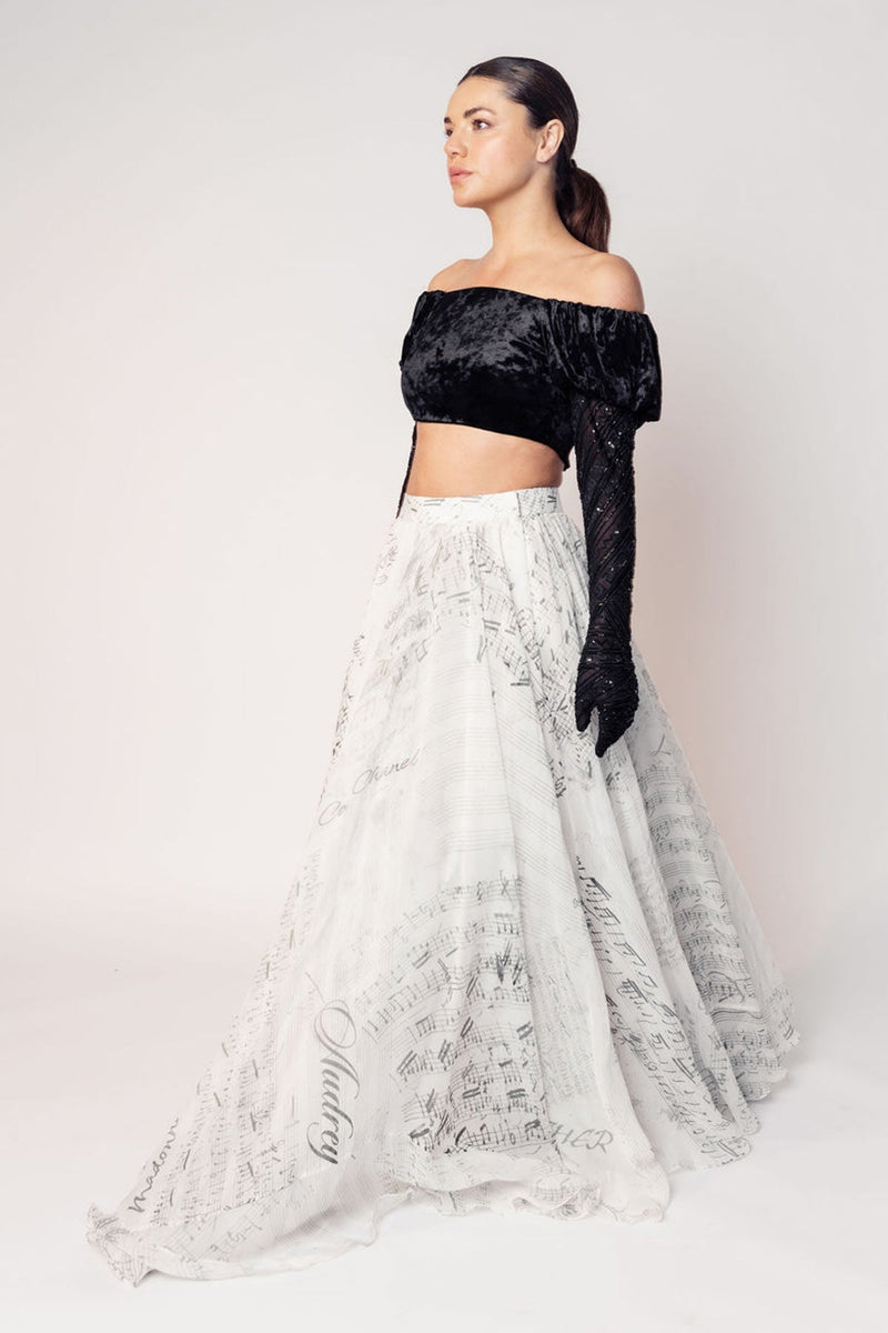 THE GRACE OFF SHOULDER CROP WITH ATTACHED GLOVES AND A PRINTED FLARED SKIRT-RTS