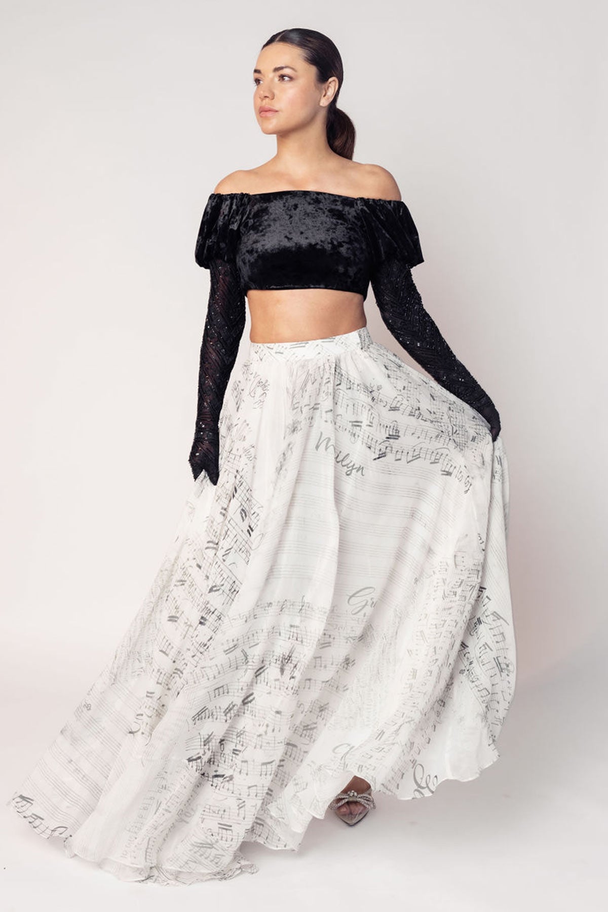 THE GRACE OFF SHOULDER CROP WITH ATTACHED GLOVES AND A PRINTED FLARED SKIRT