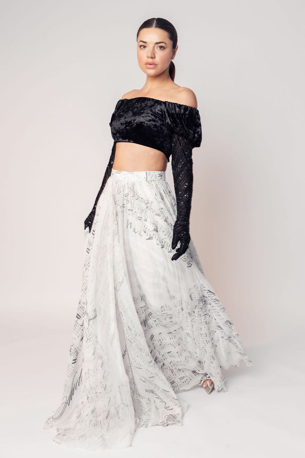 THE GRACE OFF SHOULDER CROP WITH ATTACHED GLOVES AND A PRINTED FLARED SKIRT