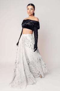 THE GRACE OFF SHOULDER CROP WITH ATTACHED GLOVES AND A PRINTED FLARED SKIRT-RTS