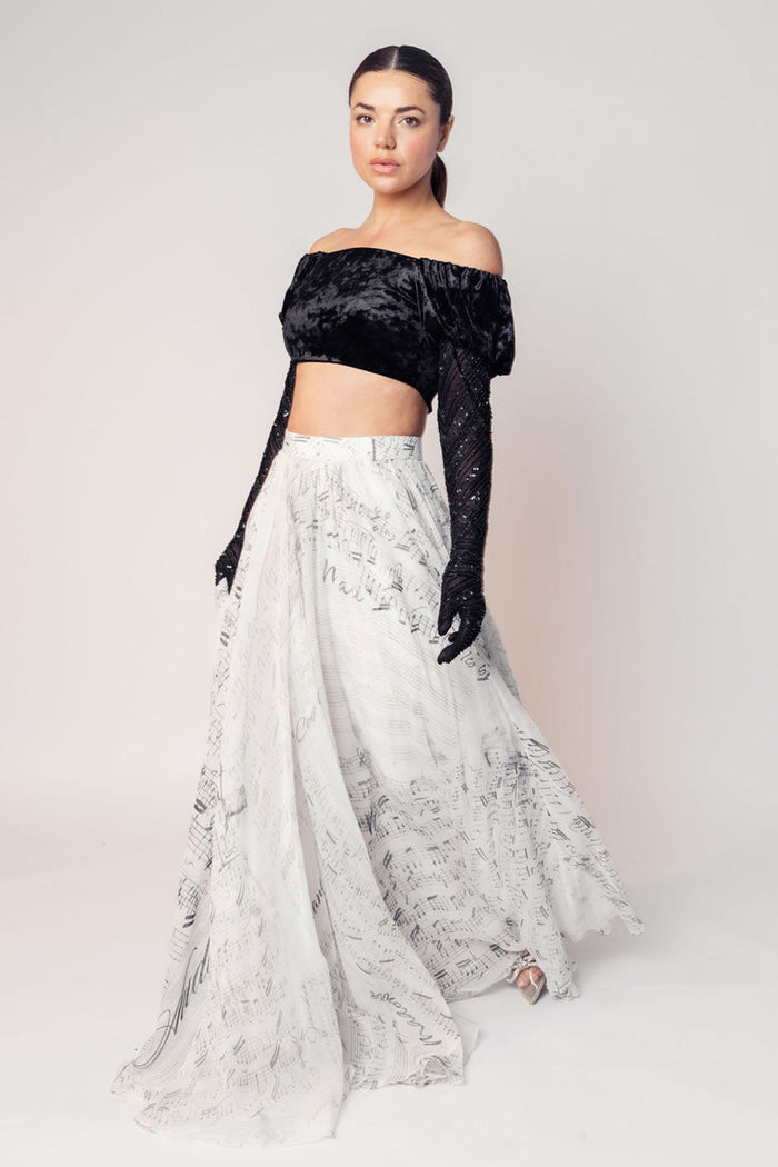 THE GRACE OFF SHOULDER CROP WITH ATTACHED GLOVES AND A PRINTED FLARED SKIRT-RTS