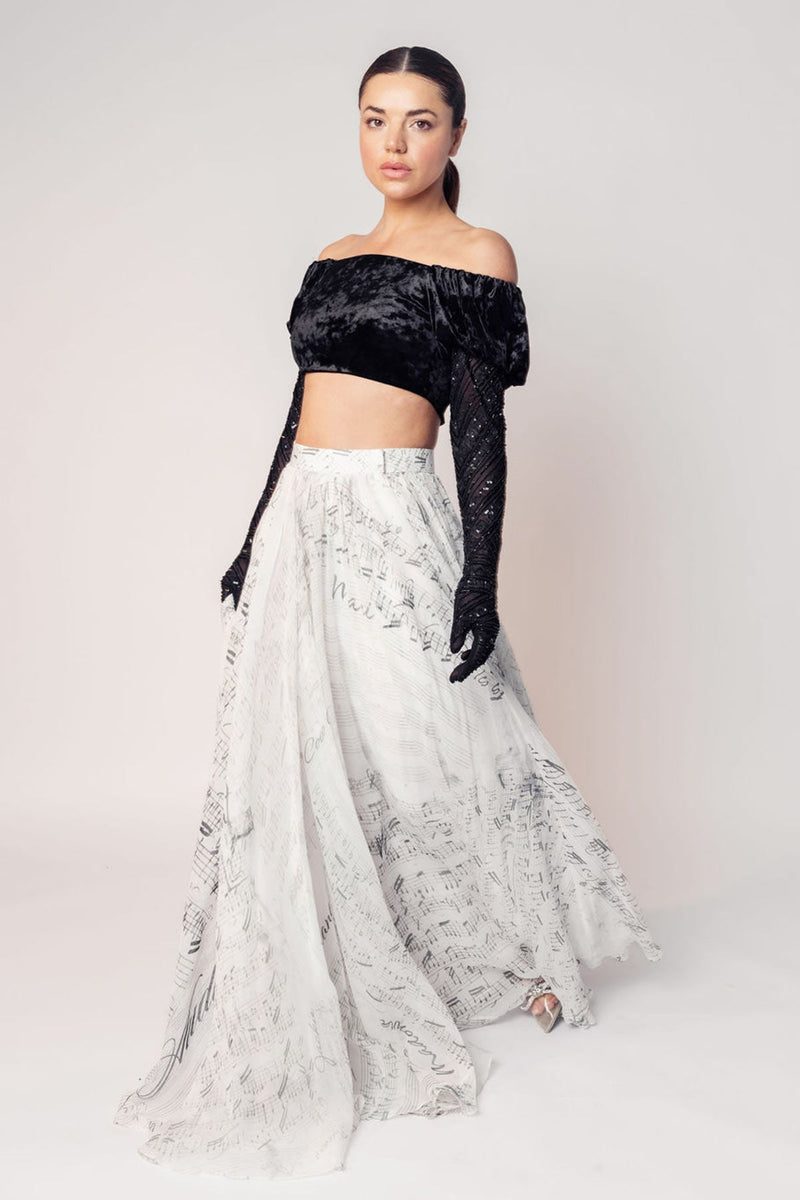 THE GRACE OFF SHOULDER CROP WITH ATTACHED GLOVES AND A PRINTED FLARED SKIRT-RTS