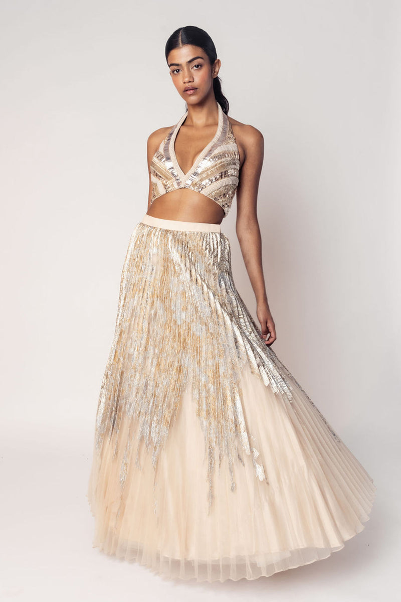 THE MARILYN HALTER BEADED TOP WITH A FOIL PLEATED SKIRT