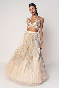 THE MARILYN HALTER BEADED TOP WITH A FOIL PLEATED SKIRT