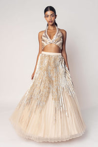 THE MARILYN HALTER BEADED TOP WITH A FOIL PLEATED SKIRT