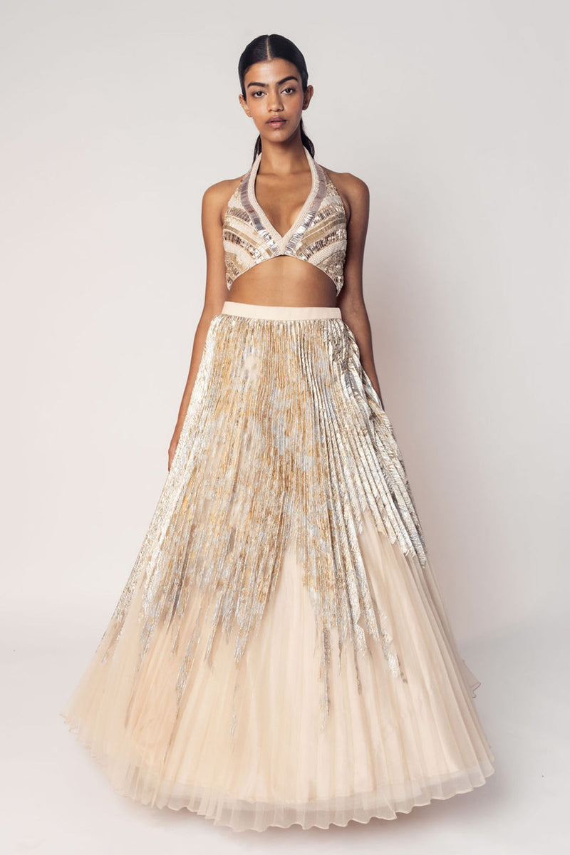 THE MARILYN HALTER BEADED TOP WITH A FOIL PLEATED SKIRT