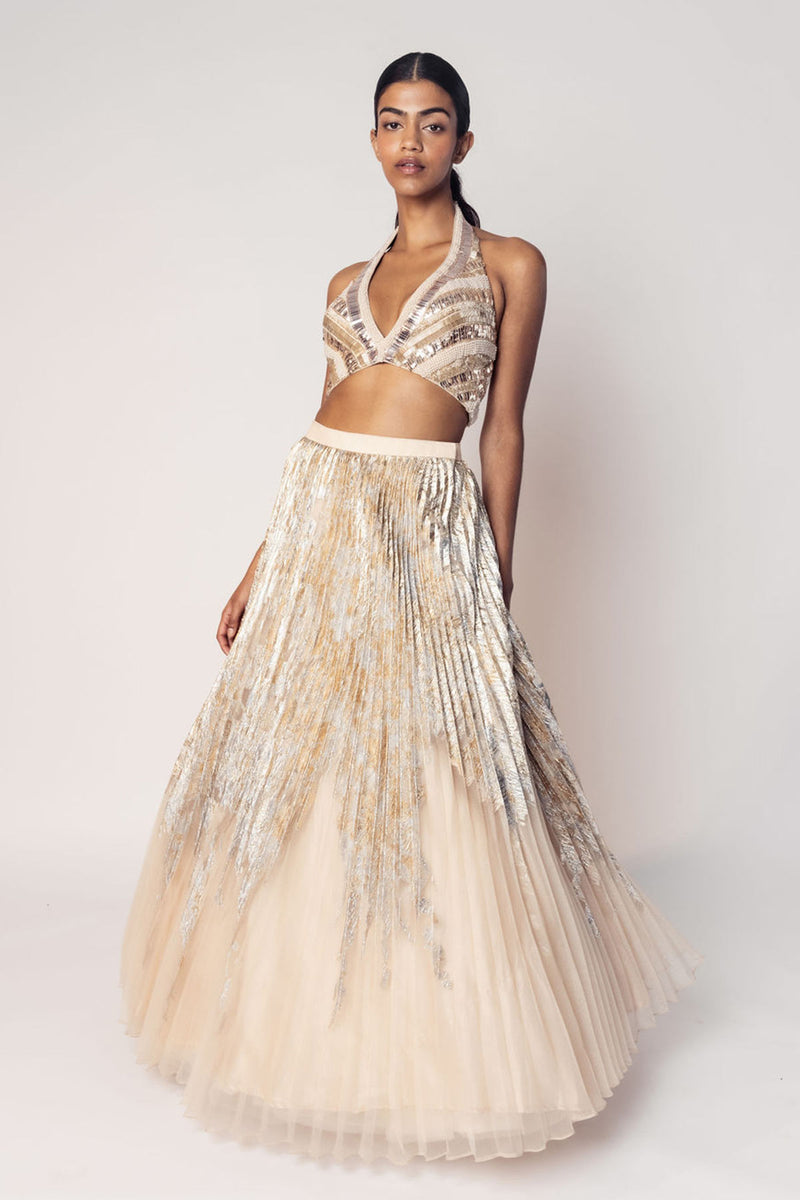 THE MARILYN HALTER BEADED TOP WITH A FOIL PLEATED SKIRT