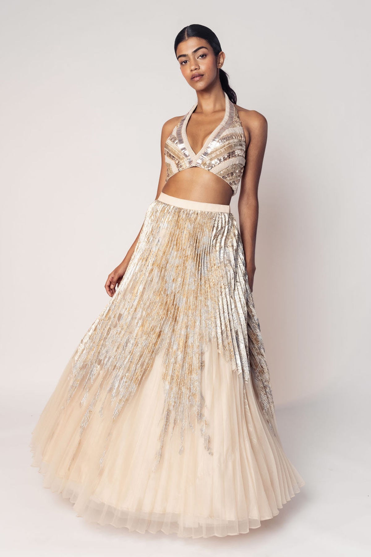 THE MARILYN HALTER BEADED TOP WITH A FOIL PLEATED SKIRT