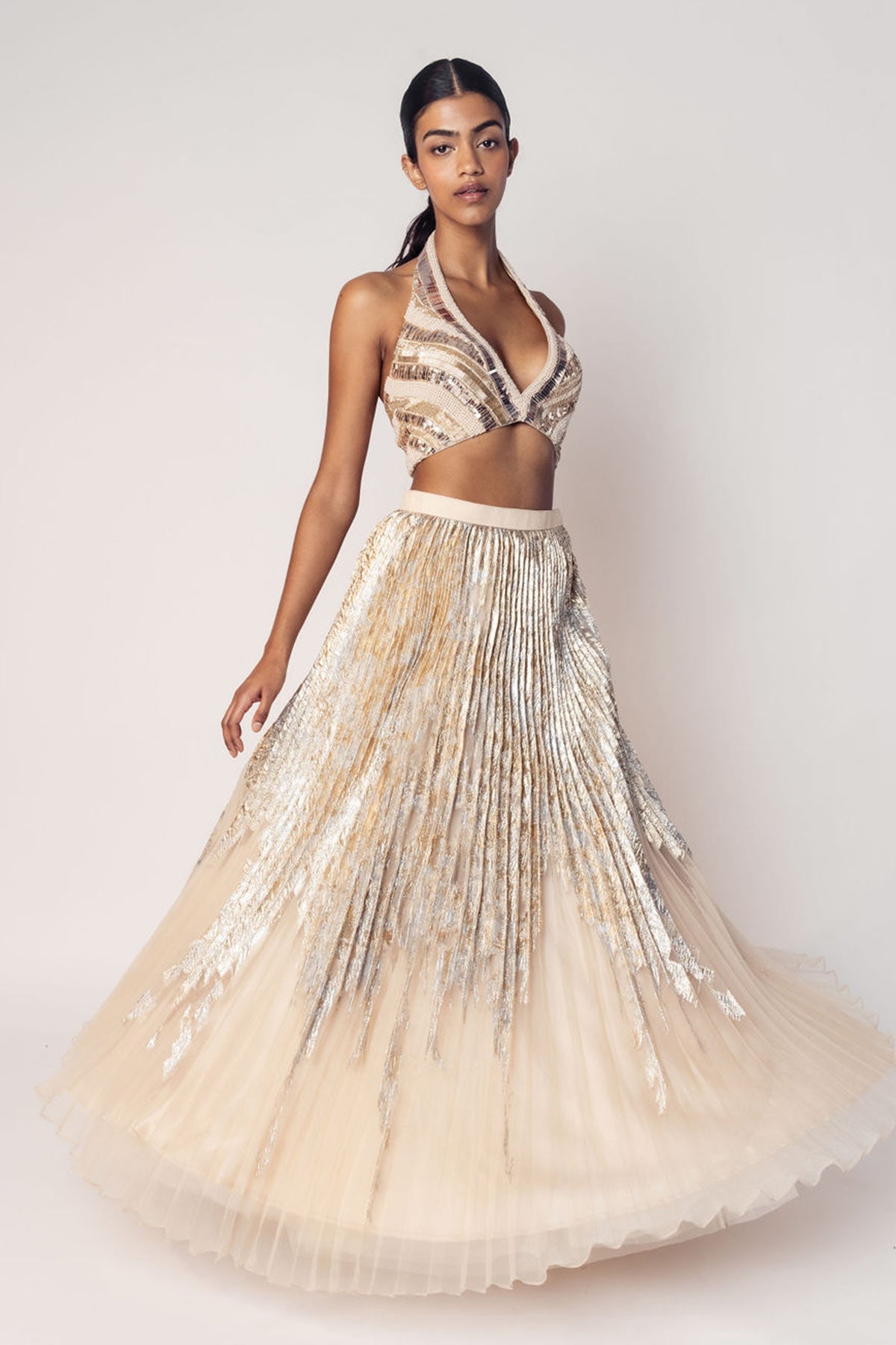 THE MARILYN HALTER BEADED TOP WITH A FOIL PLEATED SKIRT