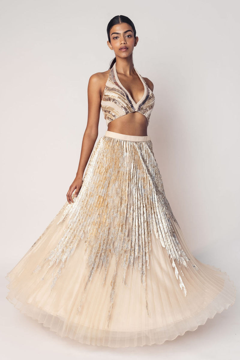 THE MARILYN HALTER BEADED TOP WITH A FOIL PLEATED SKIRT