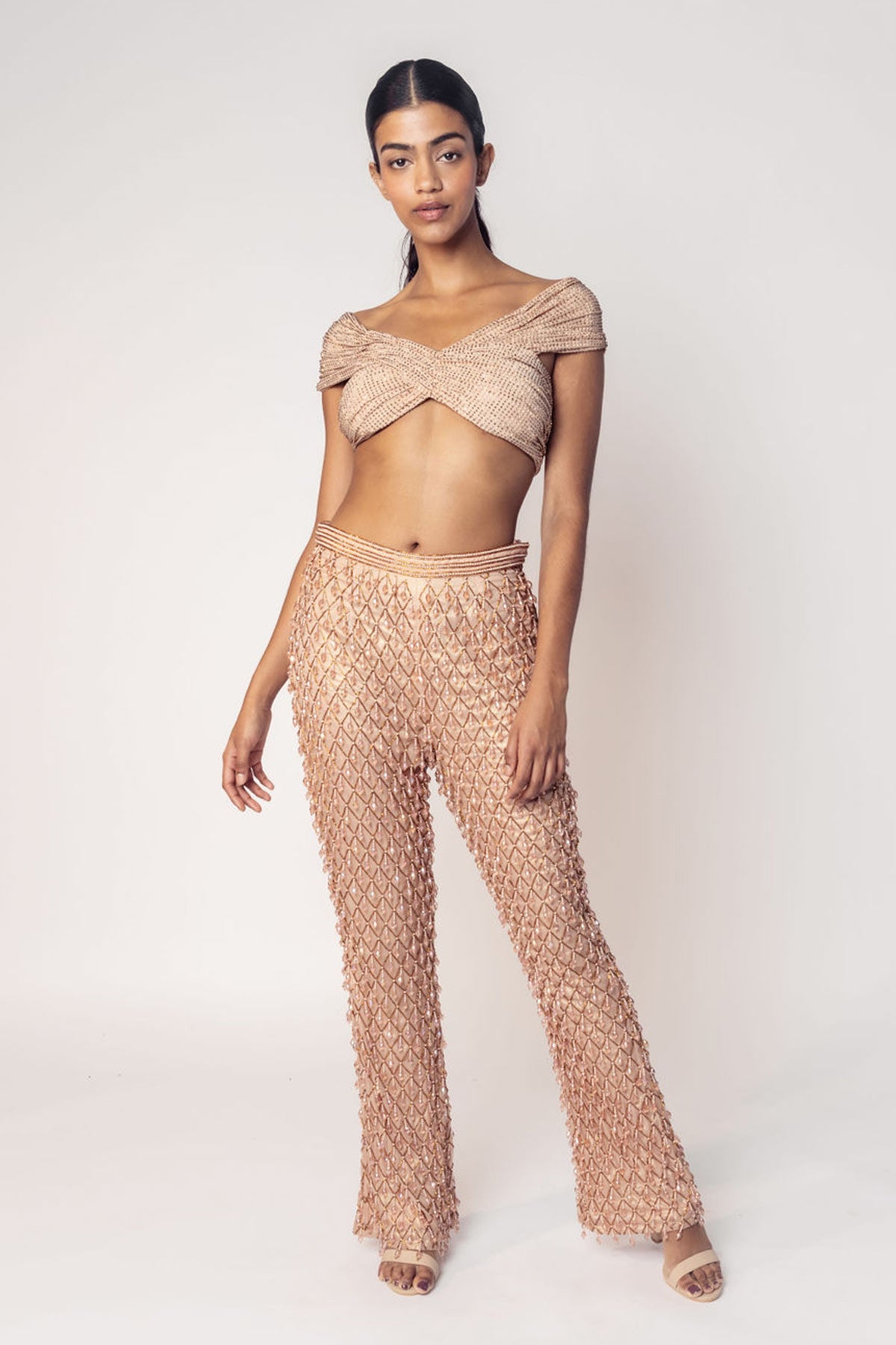 OFF SHOULDER CROP WITH EMBROIDERED PANTS