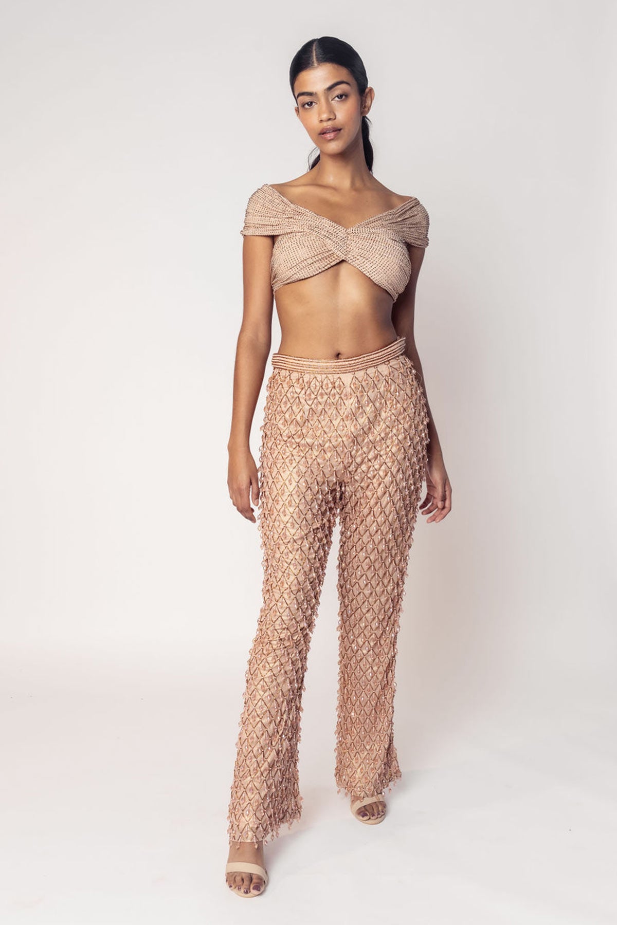 OFF SHOULDER CROP WITH EMBROIDERED PANTS