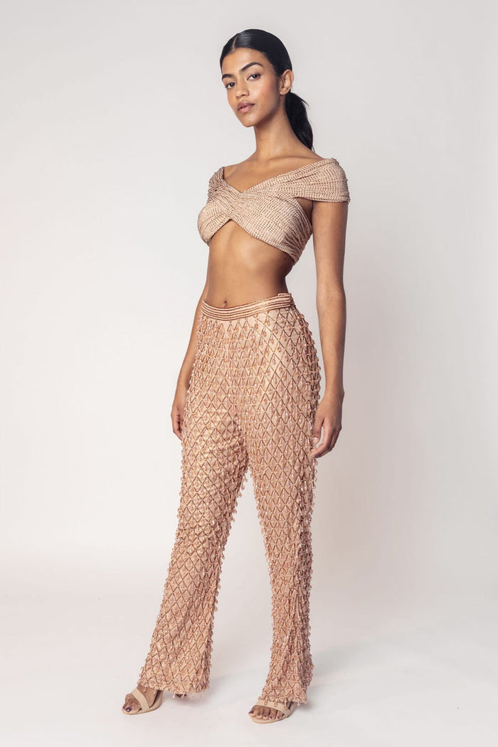 OFF SHOULDER CROP WITH EMBROIDERED PANTS-RTS