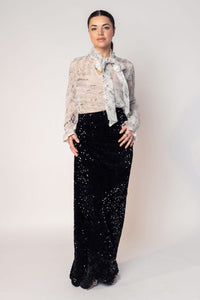 THE AMI PRINTED TIE TOP WITH A SEQUINNED SKIRT