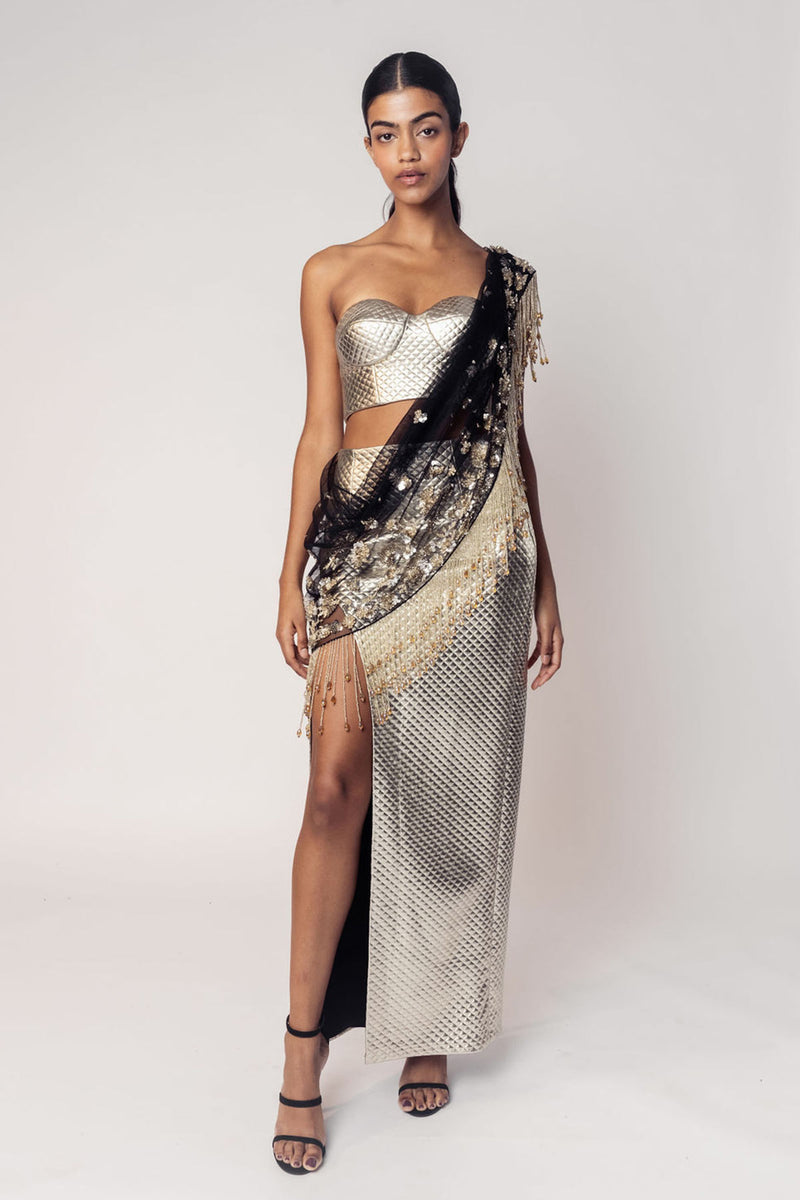 THE REKHA CORSET WITH A SLIT SKIRT AND ATTACHED SARI DRAPE