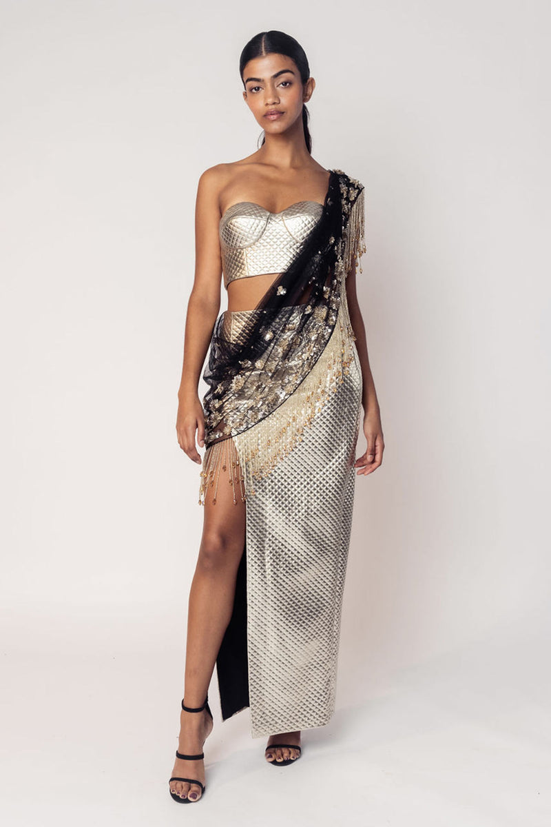 THE REKHA CORSET WITH A SLIT SKIRT AND ATTACHED SARI DRAPE