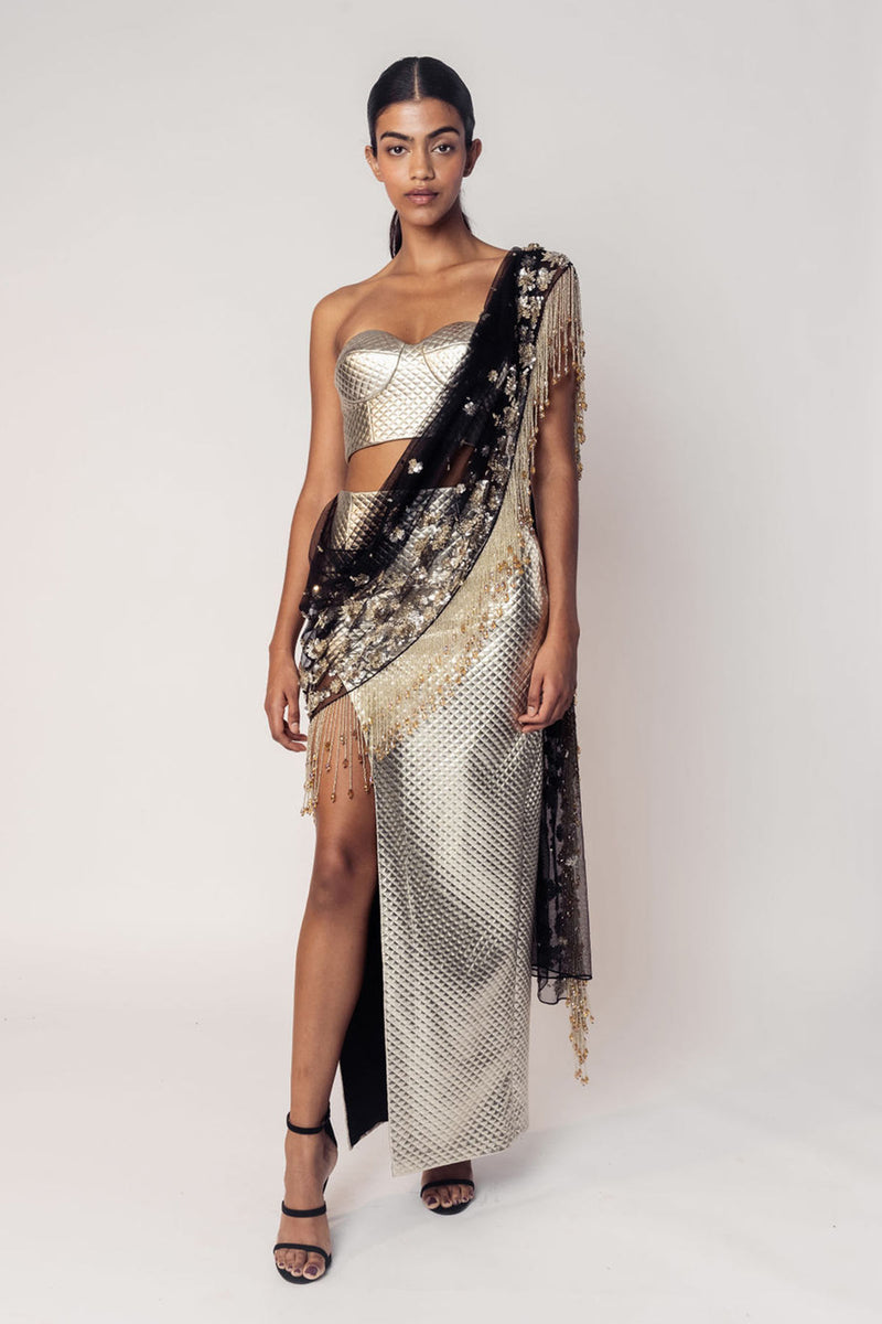 THE REKHA CORSET WITH A SLIT SKIRT AND ATTACHED SARI DRAPE