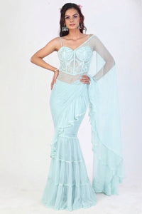 PASTEL RUFFLE SARI WITH LACE