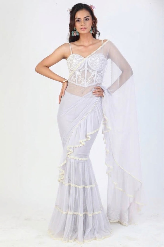 PASTEL RUFFLE SARI WITH LACE