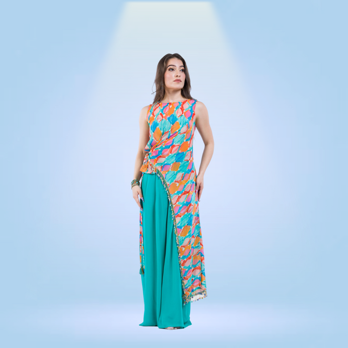 Assymetric Tunic with Tie and Pallazo Pants