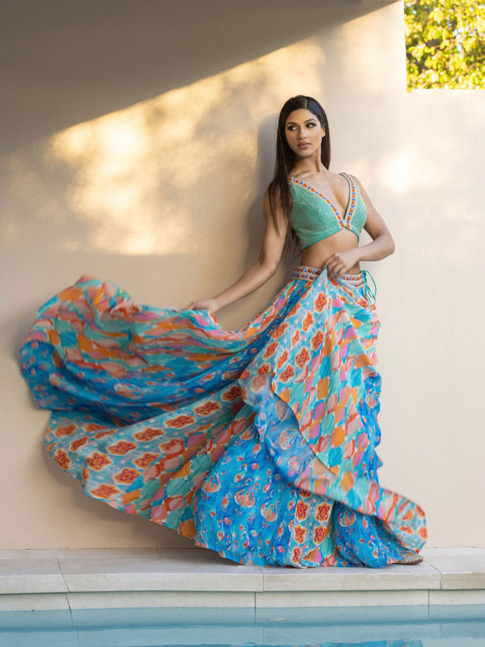 Beaded Crop Top with Tiered Skirt and Sheer Net Cape