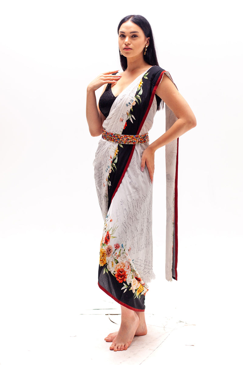Nora Wrap Around Sari with Black Sequinned Crop and Pants