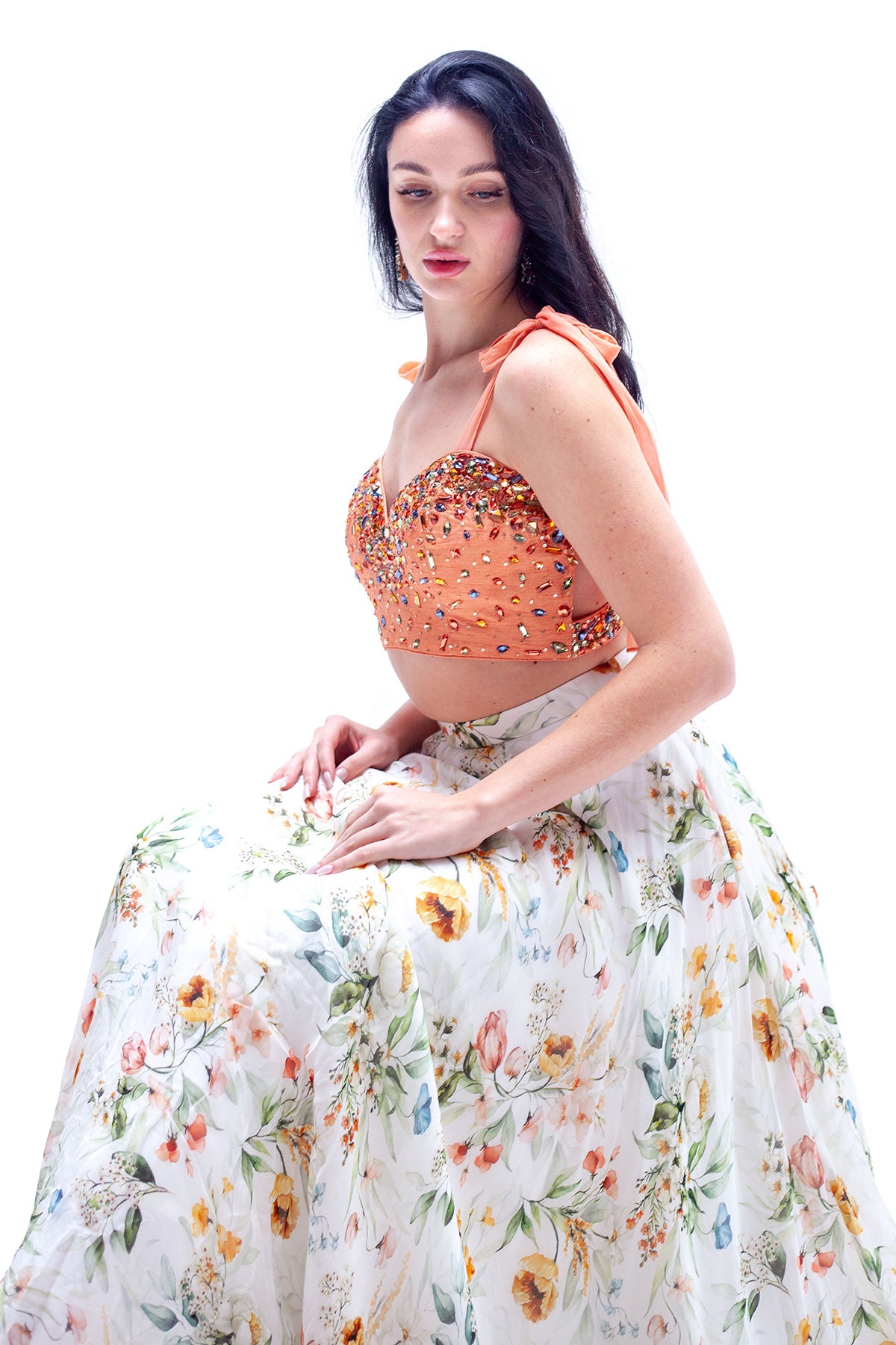 Esmee Floral Print Organza Skirt with Beaded Peach Crop Top