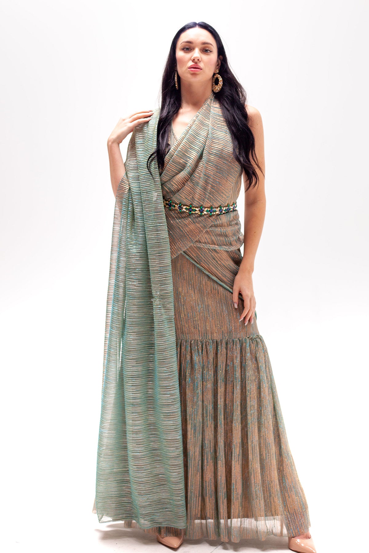 Neela Blue Metallic Saree Gown (belt Not Included)